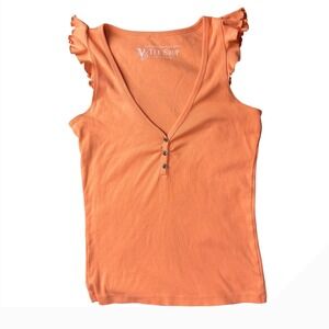 Y2K Tee Shop Top Medium Orange Peach Ruffle Sleeve V Neck Button‎ Tank Top
